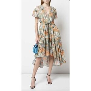 Peter Pilotto Cotton Poplin Floral Short Sleeve Midi Dress Gathered Waist Size 8